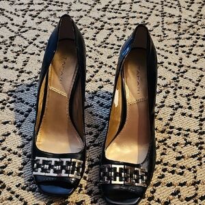 Tahari Black Peep Toe Heels with Silver Accent